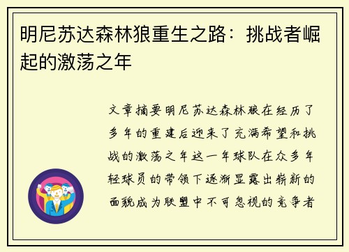 明尼苏达森林狼重生之路：挑战者崛起的激荡之年
